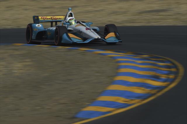 Patricio O'Ward hammers into Turn 2 during practice for the INDYCAR Grand Prix of Sonoma at Sonoma Raceway -- Photo by: Chris Owens