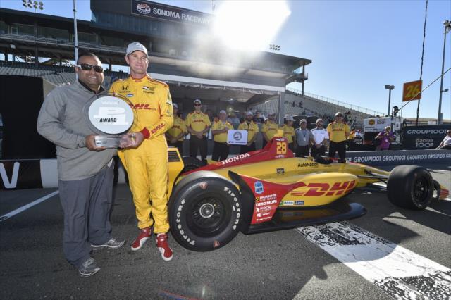 Ryan Hunter-Reay is awarded the Verizon P1 Award for winning the pole position for the INDYCAR Grand Prix of Sonoma at Sonoma Raceway -- Photo by: Chris Owens