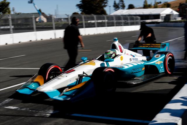 Patricio O'Ward peels out of his pit stand to start qualifications for the INDYCAR Grand Prix of Sonoma at Sonoma Raceway -- Photo by: Joe Skibinski