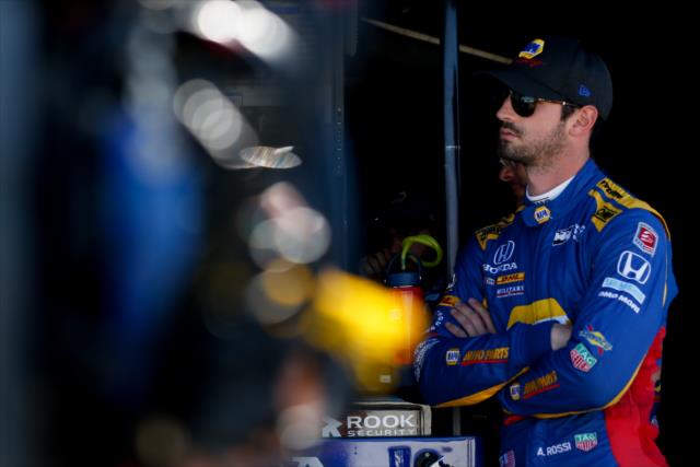Alexander Rossi waits in his pit stand prior to qualifications for the INDYCAR Grand Prix of Sonoma at Sonoma Raceway -- Photo by: Joe Skibinski