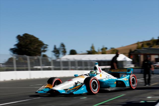 Patricio O'Ward peels out of his pit stall to start qualifications for the INDYCAR Grand Prix of Sonoma at Sonoma Raceway -- Photo by: Joe Skibinski