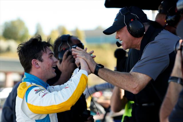 Patricio O'Ward gets congratulated by team owner Mike Harding in pit lane after his magnificent qualification session for the INDYCAR Grand Prix of Sonoma at Sonoma Raceway -- Photo by: Joe Skibinski