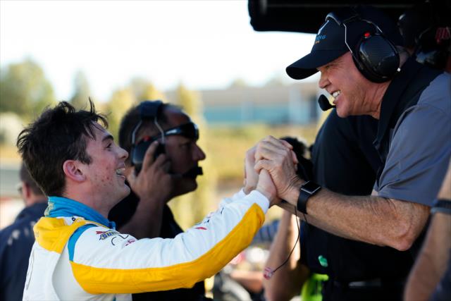 Patricio O'Ward gets congratulated by team owner Mike Harding in pit lane after his magnificent qualification session for the INDYCAR Grand Prix of Sonoma at Sonoma Raceway -- Photo by: Joe Skibinski