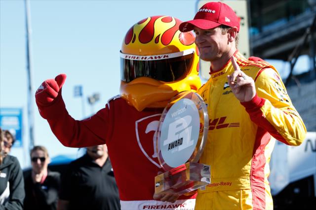 Ryan Hunter-Reay celebrates with the Firestone Firehawk on pit lane after winning the pole position for the INDYCAR Grand Prix of Sonoma at Sonoma Raceway -- Photo by: Joe Skibinski