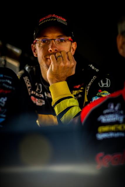 Sebastien Bourdais waits in his pit stand prior to his qualification session for the INDYCAR Grand Prix of Sonoma at Sonoma Raceway -- Photo by: Shawn Gritzmacher