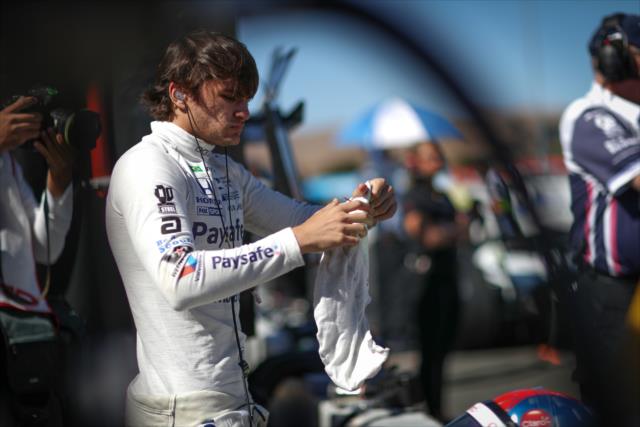 Pietro Fittipaldi puts on his balaclava on pit lane prior to qualifications for the INDYCAR Grand Prix of Sonoma at Sonoma Raceway -- Photo by: Shawn Gritzmacher