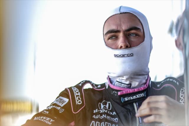 Jack Harvey zips up his firesuit on pit lane prior to qualifications for the INDYCAR Grand Prix of Sonoma at Sonoma Raceway -- Photo by: Shawn Gritzmacher