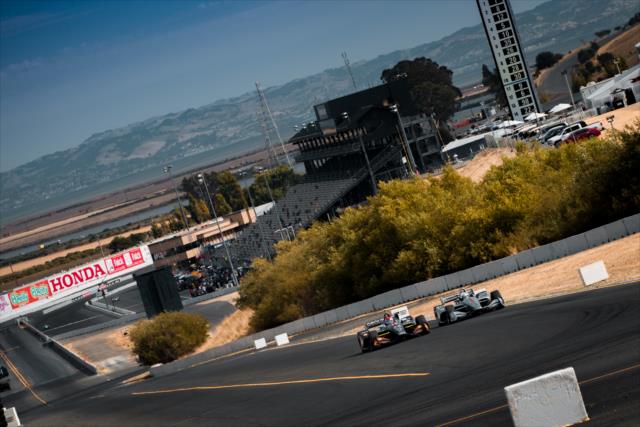 Zach Veach and Josef Newgarden go wheel-to-wheel entering the Turn 7 hairpin during practice for the INDYCAR Grand Prix of Sonoma at Sonoma Raceway -- Photo by: Stephen King