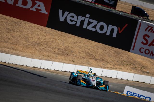 Patricio O'Ward soars up the hill toward Turn 2 during practice for the INDYCAR Grand Prix of Sonoma at Sonoma Raceway -- Photo by: Stephen King