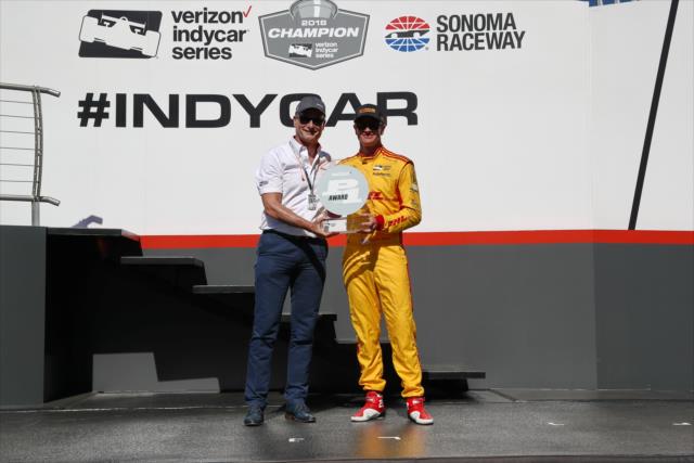 Ryan Hunter-Reay accepts the Verizon P1 Award for winning the pole position for the INDYCAR Grand Prix of Sonoma at Sonoma Raceway -- Photo by: Chris Jones