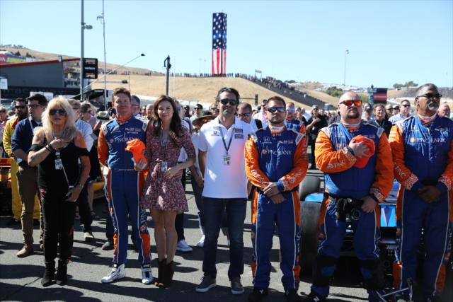 Scott Dixon and the Chip Ganassi Racing team line up for the National Anthem during pre-race festivities for the INDYCAR Grand Prix of Sonoma at Sonoma Raceway -- Photo by: Chris Jones
