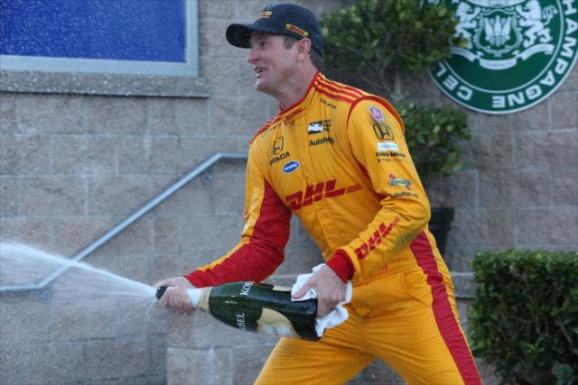 Ryan Hunter-Reay with a champagne spray in Victory Lane after winning the 2018 INDYCAR Grand Prix of Sonoma at Sonoma Raceway -- Photo by: Chris Jones