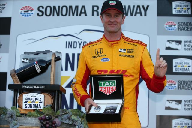 Ryan Hunter-Reay with his TAG Heuer Winner's Watch in Victory Lane after winning the INDYCAR Grand Prix of Sonoma at Sonoma Raceway -- Photo by: Chris Jones