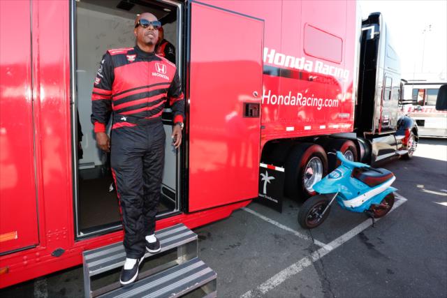 MC Hammer steps out of the INDYCAR Experience transporter prior to his two-seater ride around Sonoma Raceway -- Photo by: Joe Skibinski