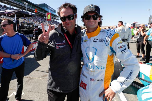 Colton Herta with his father, Bryan, on pit lane prior to the start of the INDYCAR Grand Prix of Sonoma at Sonoma Raceway -- Photo by: Joe Skibinski