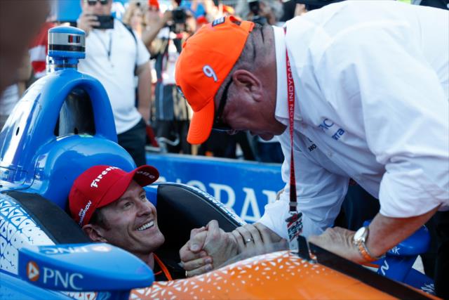 Scott Dixon gets congratulated by team owner Chip Ganassi on pit lane after winning the 2018 Verizon IndyCar Series championship at Sonoma Raceway -- Photo by: Joe Skibinski