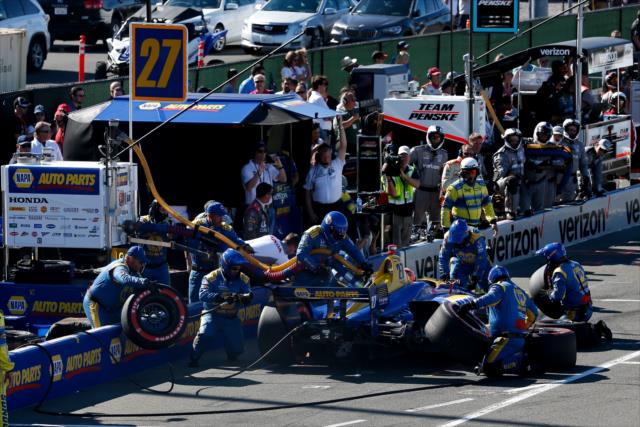 Alexander Rossi comes in for tires, fuel, and a new nosecone on pit lane after early contact during the INDYCAR Grand Prix of Sonoma at Sonoma Raceway -- Photo by: Joe Skibinski