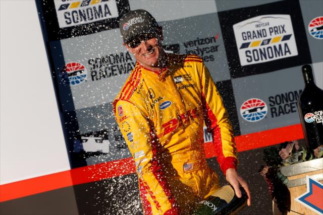 Ryan Hunter-Reay sprays the champagne in Victory Lane after winning the INDYCAR Grand Prix of Sonoma at Sonoma Raceway -- Photo by: Joe Skibinski