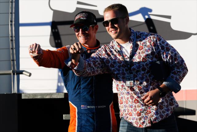 Scott Dixon shows off his 2018 Verizon IndyCar Series champion's ring with Jack Bruns of Jostens at Sonoma Raceway -- Photo by: Joe Skibinski