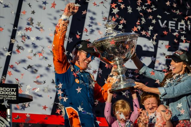 Scott Dixon hoists the Astor Cup with his family after winning the 2018 Verizon IndyCar Series championship at Sonoma Raceway -- Photo by: Stephen King