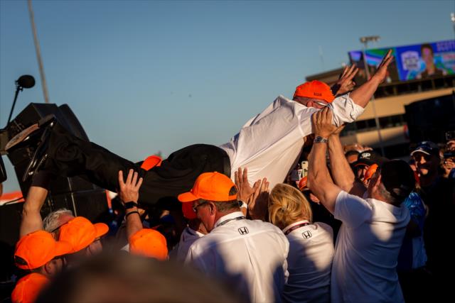 Team owner Chip Ganassi goes for a crowd surfing ride after winning the 2018 Verizon IndyCar Series championship at Sonoma Raceway -- Photo by: Stephen King