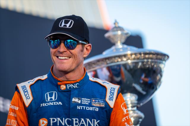 Scott Dixon is all smiles on stage after winning the 2018 Verizon IndyCar Series championship at Sonoma Raceway -- Photo by: Stephen King