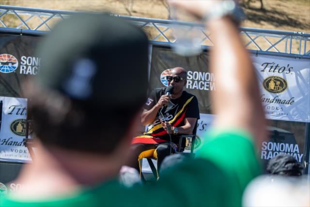 Grand Marshal MC Hammer answers a fan question during a Q&A session in the INDYCAR Fan Village at Sonoma Raceway -- Photo by: Stephen King