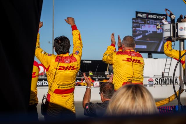 Andretti Autosport crewmen celebrate on pit lane as Ryan Hunter-Reay wins the INDYCAR Grand Prix of Sonoma at Sonoma Raceway -- Photo by: Stephen King