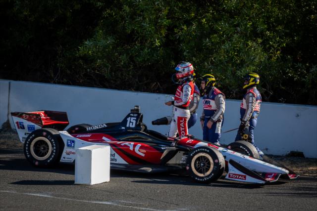 Graham Rahal steps out of his wounded car after a mechanical issue exiting Turn 6 during the INDYCAR Grand Prix of Sonoma at Sonoma Raceway -- Photo by: Stephen King