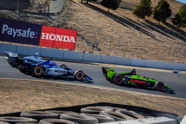 Sebastien Bourdais, Takuma Sato, and Simon Pagenaud dive into Turn 4 during the INDYCAR Grand Prix of Sonoma at Sonoma Raceway -- Photo by: Stephen King