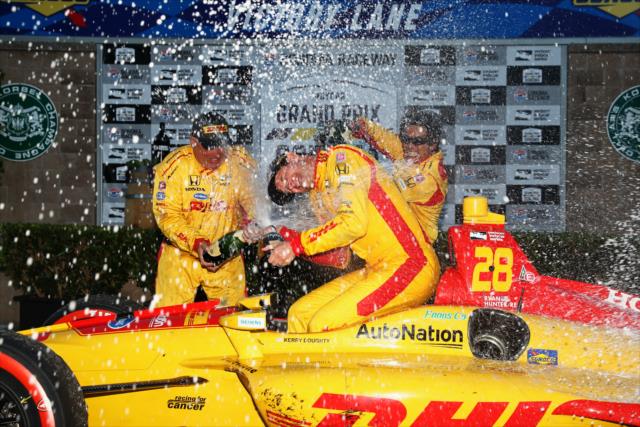 Ryan Hunter-Reay gets a champagne shower from his team in Victory Lane after winning the INDYCAR Grand Prix of Sonoma at Sonoma Raceway -- Photo by: Chris Jones