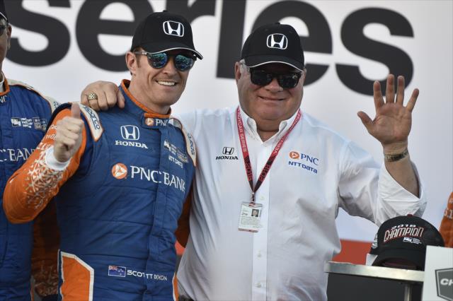 Scott Dixon and team owner Chip Ganassi on stage during the 2018 Championship Celebration at Sonoma Raceway -- Photo by: Chris Owens
