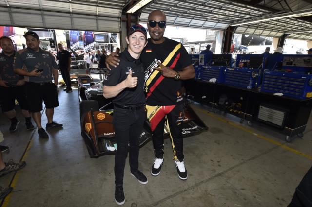 Zach Veach with Grand Marshal MC Hammer in the Andretti Autosport garages at Sonoma Raceway -- Photo by: Chris Owens