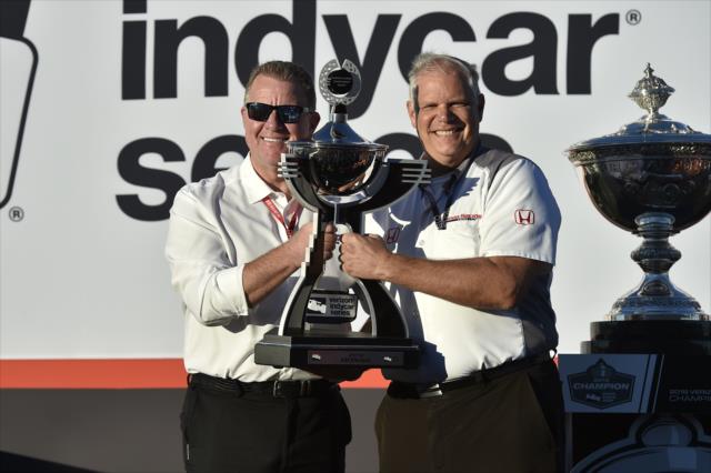 INDYCAR President Jay Frye presents Honda HPD President Art St. Cyr the 2018 manufacturer's trophy following the INDYCAR Grand Prix of Sonoma at Sonoma Raceway -- Photo by: Chris Owens