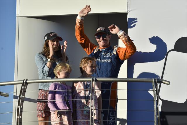 Scott Dixon and his family are introduced to the stage as the 2018 Verizon IndyCar Series champion at Sonoma Raceway -- Photo by: Chris Owens