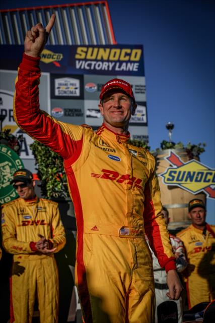 Ryan Hunter-Reay celebrates in Victory Lane after winning the INDYCAR Grand Prix of Sonoma at Sonoma Raceway -- Photo by: Shawn Gritzmacher