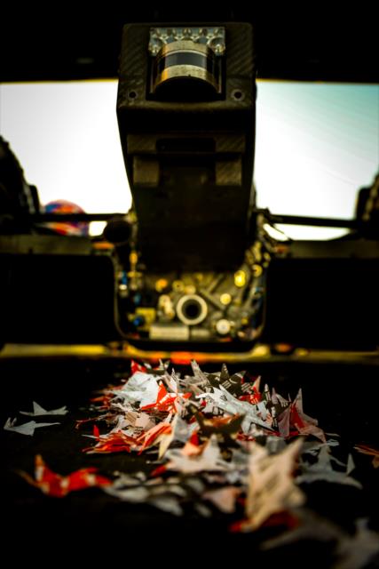 Confetti remnants remain under the No. 9 PNC Bank Honda of Scott Dixon in Victory Lane after winning the 2018 Verizon IndyCar Series Championship at Sonoma Raceway -- Photo by: Shawn Gritzmacher