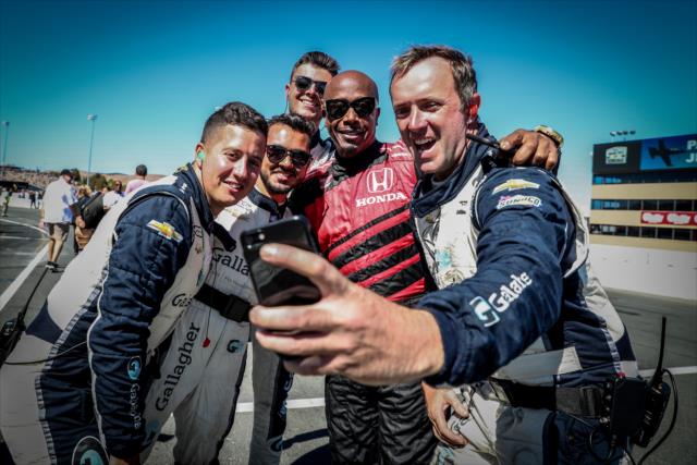 Members of the Carlin team get a selfie with MC Hammer during pre-race festivities for the INDYCAR Grand Prix of Sonoma at Sonoma Raceway -- Photo by: Shawn Gritzmacher