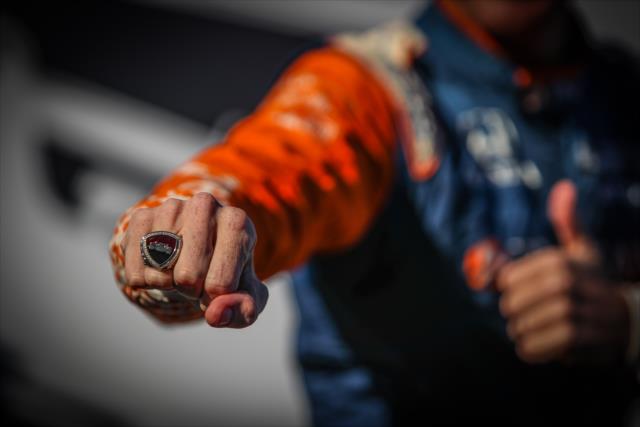 Scott Dixon flashes his champion's ring after winning the 2018 Verizon IndyCar Series championship at Sonoma Raceway -- Photo by: Shawn Gritzmacher