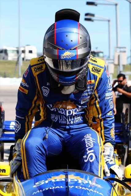 Marco Andretti slides into his No. 27 Snapple Honda prior to practice for the Iowa Corn 300 at Iowa Speedway -- Photo by: Chris Jones