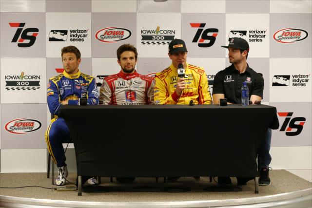 Marco Andretti, Carlos Munoz, Ryan Hunter-Reay, and Alexander Rossi during a media availability at Iowa Speedway -- Photo by: Chris Jones