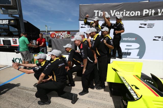 Team Penske with a celebratory selfie picture after winning the pole position for the Iowa Corn 300 at Iowa Speedway -- Photo by: Chris Jones