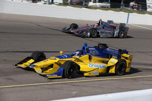 Marco Andretti and Will Power on course during practice for the Iowa Corn 300 at Iowa Speedway -- Photo by: Chris Jones