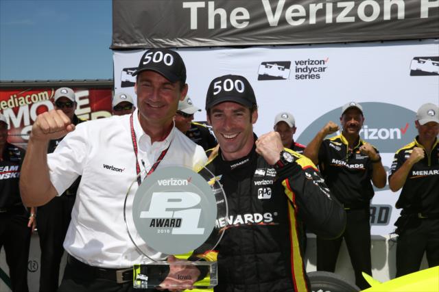 Team President Tim Cindric and Simon Pagenaud celebrate Team Penske's 500th overall pole position in the Iowa Corn 300 at Iowa Speedway -- Photo by: Chris Jones