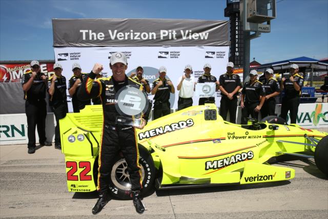 Simon Pagenaud with the Verizon P1 Award after winning the pole position for the Iowa Corn 300 at Iowa Speedway -- Photo by: Chris Jones