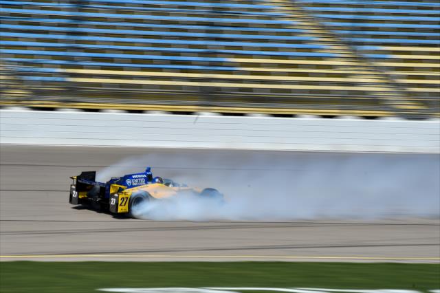 Marco Andretti spins along the frontstretch during practice for the Iowa Corn 300 at Iowa Speedway -- Photo by: Chris Owens