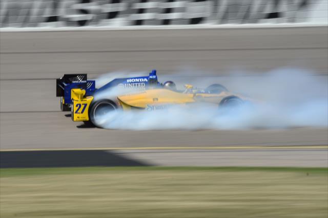 Marco Andretti slides down the frontstretch during practice for the Iowa Corn 300 at Iowa Speedway -- Photo by: Chris Owens