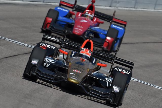 Teammates James Hinchcliffe and Mikhail Aleshin set up for Turn 1 during practice for the Iowa Corn 300 at Iowa Speedway -- Photo by: Chris Owens
