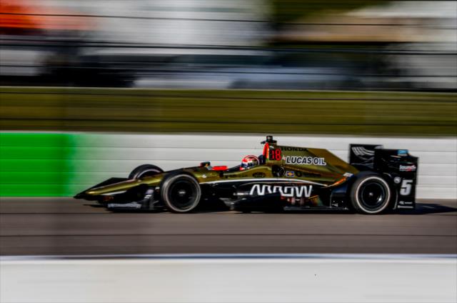 James Hinchcliffe streaks down the backstretch during the evening practice for the Iowa Corn 300 at Iowa Speedway -- Photo by: Shawn Gritzmacher