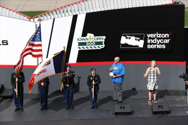The National Anthem is performed during pre-race festivities for the Iowa Corn 300 at Iowa Speedway -- Photo by: Chris Jones